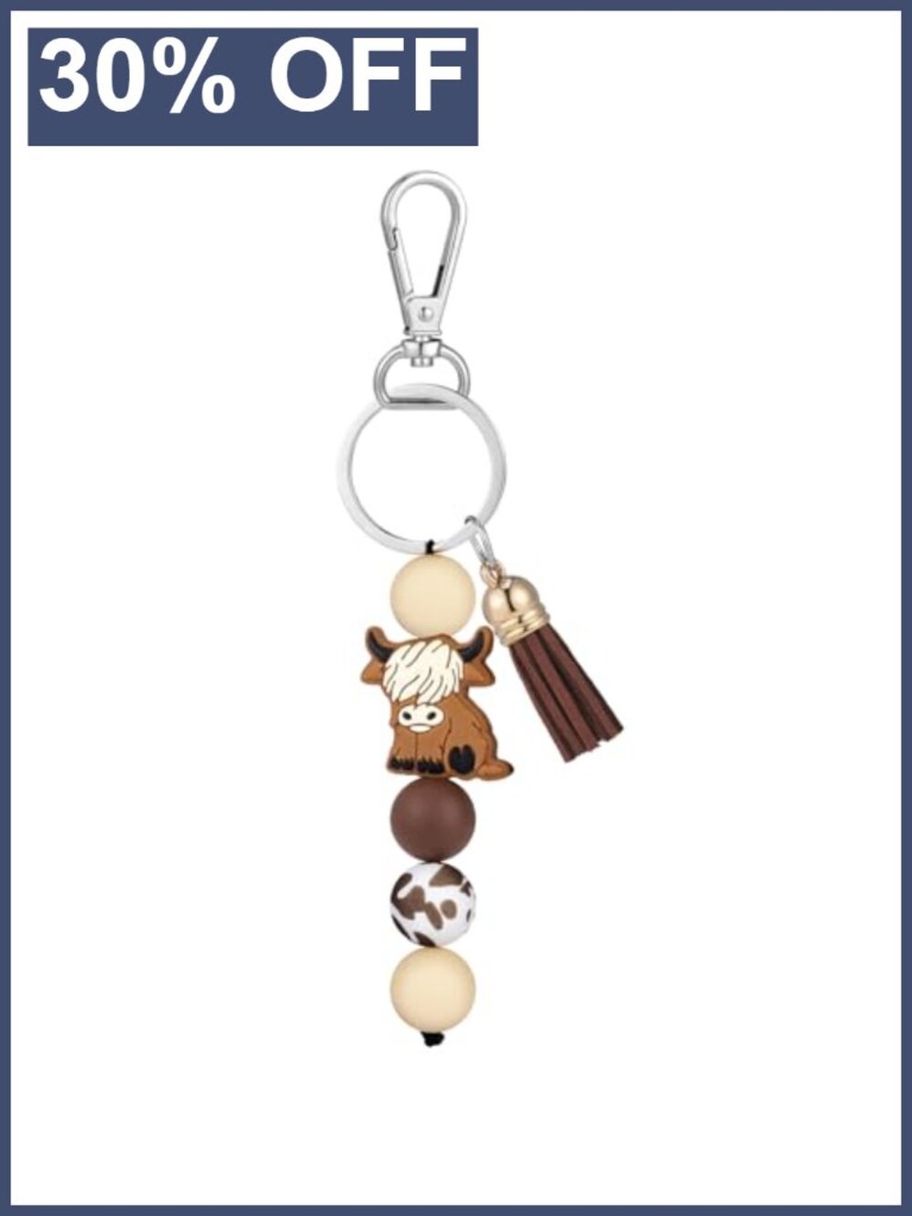Highland Cow Keychain Silicone Beads Leather Fringe Tassel Gift